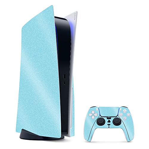 MightySkins Glossy Glitter Gaming Skin for PS5 / Playstation 5 Bundle - Solid Baby Blue | Durable High-Gloss Glitter Finish | Easy to Apply and Change Style | Made in The USA