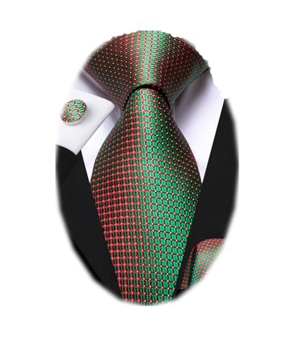 Dubulle Mens Green Checks Tie Silk Red Green Necktie for Men Pocket Square Cufflinks Set