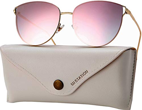 U.I STATION Oversized Mirrored Sunglasses for Women, Cat Eye Sunglasses, Rimless Sunglasses with Sunglasses Case (pink), Large