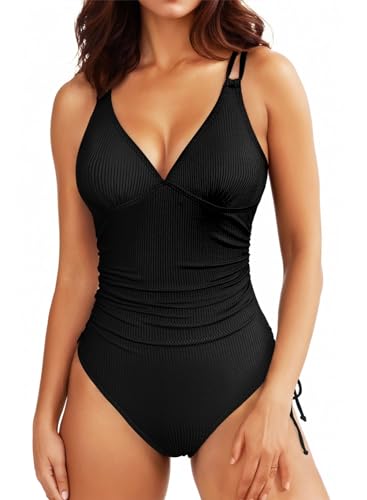 Aleumdr Women's V Neck One Piece Tummy Control Swimsuit Cheeky Tie Side High Cut Bathing Suit Ribbed Swimwear Black Medium