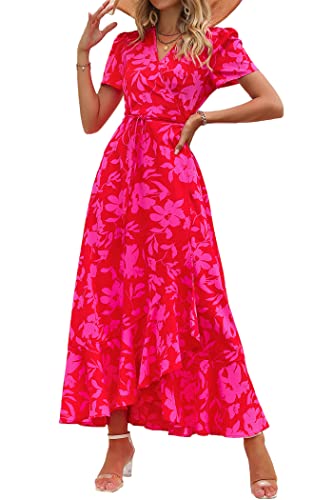 PRETTYGARDEN Women's Summer Wrap Maxi Dress Casual Boho Floral V Neck Short Sleeve Ruffle Hem Split Beach Long Dresses (Red Floral,Medium)