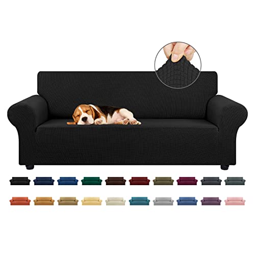 KEKUOU Stretch Sofa Cover Slipcover ，Couch Covers for 3 Cushion Couch Sofa (79'-94') Furniture Protector 3 Seater Sofa with Elastic Bottom for Kids,Dog, Jacquard Small Checked(Large,Black)