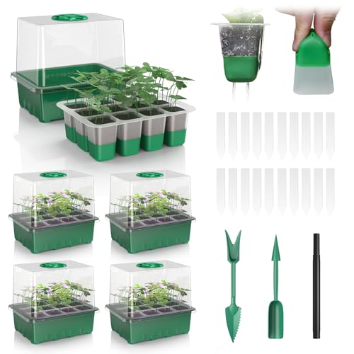 Guioiby Seed Starter Tray with 60 Flexible Pop-Out Cells, 5 Pack Indoor Grow Kit Seedling Starter Trays with Air Vent Humidity Dome, Seed Starting Kit for Greenhouse Seeding Planting[Green Base]