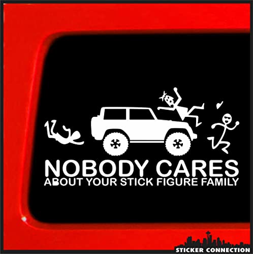 Sticker Connection | Stick Figure Vinyl Sticker for Jeep Wrangler Family Nobody Cares Funny car Truck White Decal Bumper Stick| 3.7'x8' (White)
