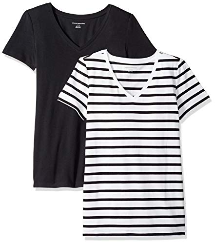 Amazon Essentials Women's Classic-Fit Short-Sleeve V-Neck T-Shirt, Pack of 2, Black/White Stripe, Medium