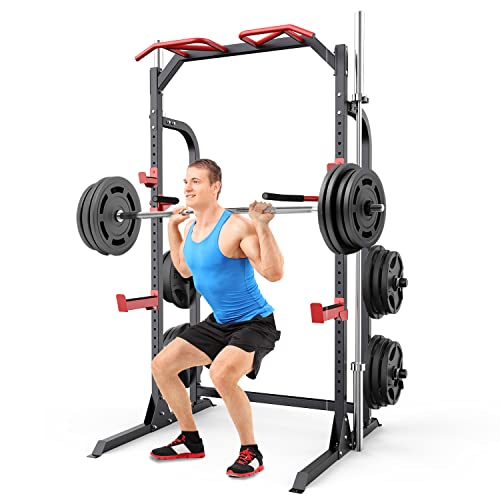 SunHome Power Cage Squat Rack, Multi-Functional Power Rack with J-Hooks, Dip Handles, Weight Plate and Olympic Bar Storage Home Gym