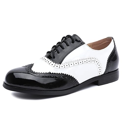 Odema Women's Lace-Up Chunky Oxfords Classic Mid-Heel Formal Dress Shoes T-Strap Heels for Women Black/White