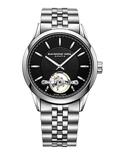 RAYMOND WEIL Freelancer Men's Automatic Watch, Calibre RW1212, Black Dial with Silver Indexes, Visible Balance Wheel, Stainless Steel Bracelet, 42.5 mm (Model: 2780-ST-20001)