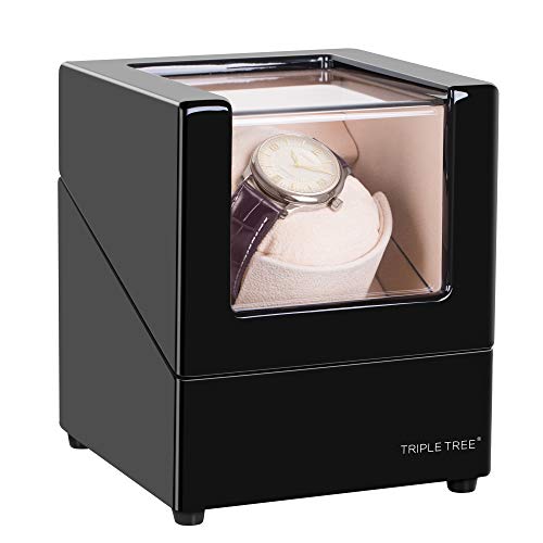 TRIPLE TREE Single Watch Winder for Automatic Watches, with Super Quiet Motor, 4 Rotation Mode Setting, Flexible Plush Pillow Fit Lady and Man Watches, Piano Black Exterior