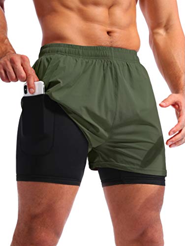 Pudolla Men’s 2 in 1 Running Shorts 5' Quick Dry Gym Athletic Workout Shorts for Men with Phone Pockets(Dark Green XX-Large)