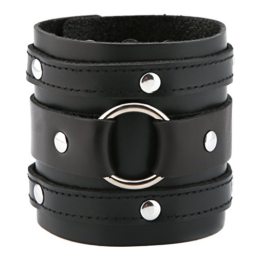 HZMAN Wide Cuff Wrap Gothic Wristband Punk Rock Biker Wide Strap Leather Bracelet (Black)