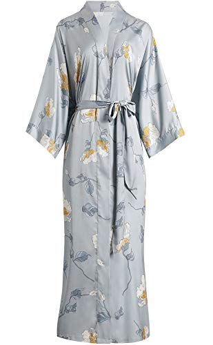 Aensso long lightweight soft silky robes for women,floral bridal bridesmaid wedding kimonos robe-Grey