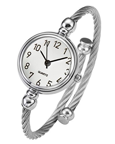 Top Plaza Womens Fashion Silver Tone Analog Quartz Bangle Cuff Bracelet Wrist Watch, Unique Elegant Stainless Steel Wire Band, Arabic Numerals - White
