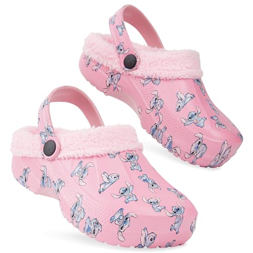 Disney Stitch Girls Clogs - Fleece Lined Clogs - Stitch Gifts (Pink Stitch, 1.5-2.5)