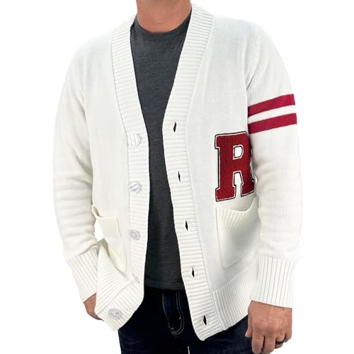 Hip Hop 50's Shop - Mens 1950s White R Letterman Cardigan Sweater (Medium, White R)