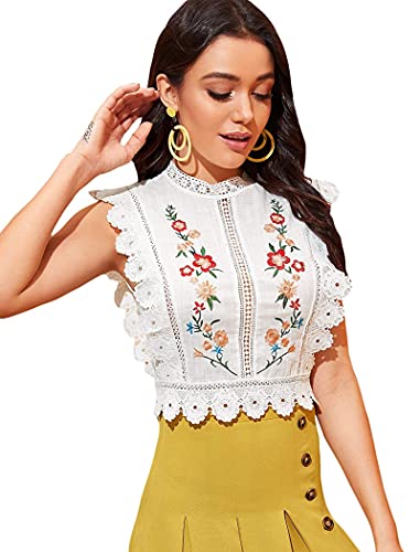 Floerns Women's Mock Neck Guipure Lace Trim Embroidery Blouse Tops A White L