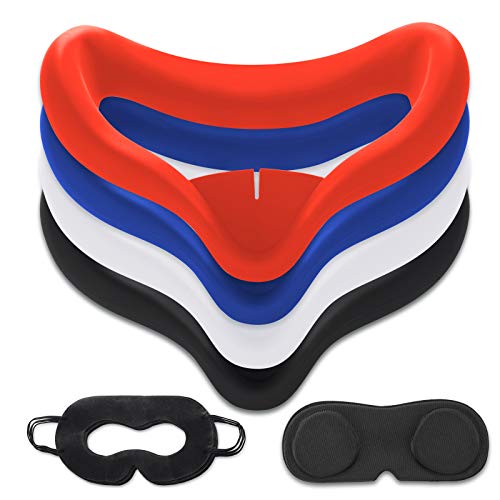 10PCS Set VR Silicone Face Cover Compatible with Oculus Quest 2 Accessories, Sweat-Proof Lightproof Non-Slip Washable Replacement (Blue/Black/Red/White),Len Protector,Disposable Eye Cover