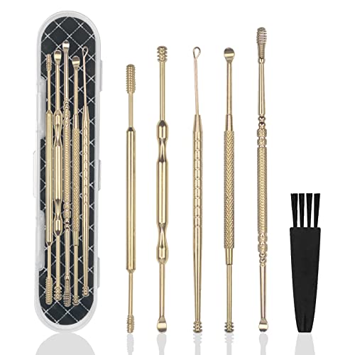 Hion 6 Pcs Ear Wax Removal Kit,Professional Double-Headed Ear Pick Earwax Removal Tools,316L Stainless Steel Ear Cleaner Curette with Cleaning Brush and Storage Box,Suit for Kid Adult(Gold)