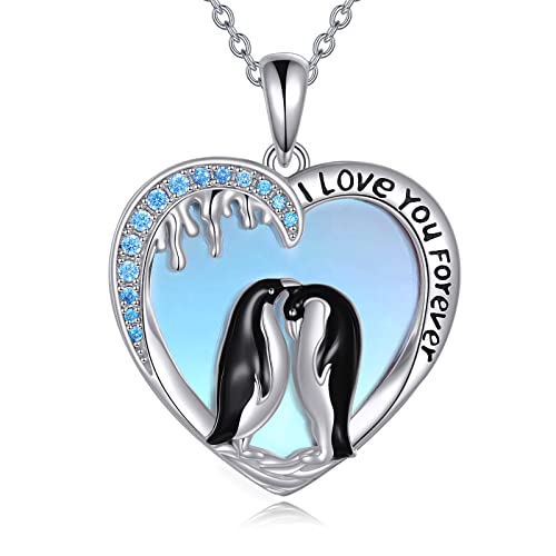 Penguin Jewelry Necklace Gifts for Mom Daughter Sterling Silver Moonstone I Love You Forever Penguin Heart Pendant Necklace for Women Girls Her