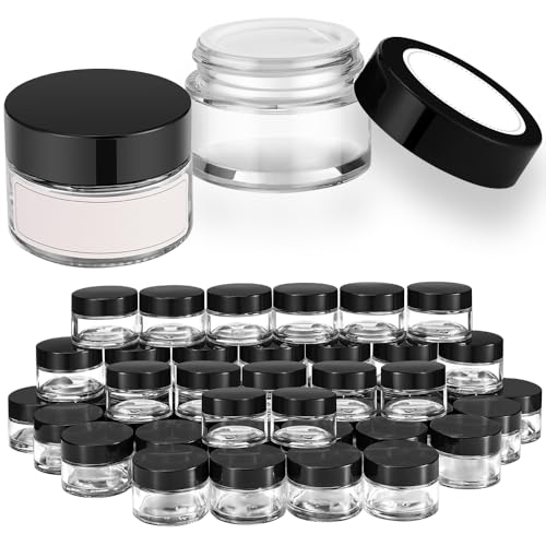 48 Pack, 1 oz Small Glass Jars Empty Leak Proof Round Clear Canning Jars with Black Lids, White Labels & Inner Liners, Mini Cosmetic Containers for Cream,Ointments, Make Up
