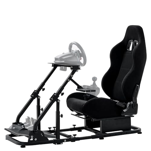 Marada Racing Simulator Cockpit 4 Arms with Black Seat Compatible with Logitech,Thrustmaster G27 G29 G920 G923 T300, Steering Wheel Stand Sim Racing Cockpit Frame, Wheel Pedal Shifter Not Include