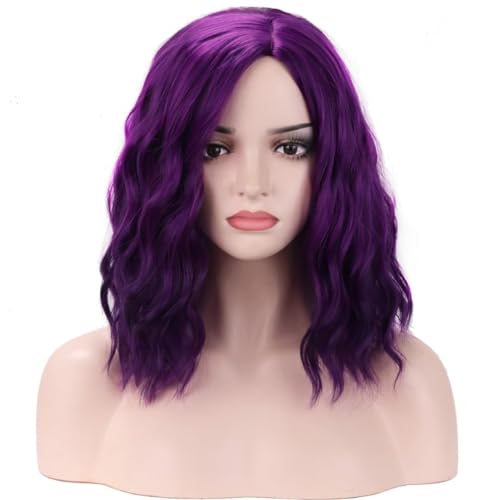 BERON Mix Purple Wig Short Curly Wig Bob Wig Purple Wigs Women Girls Beach Wave Wigs for Cosplay Costume Party Wig Cap Included