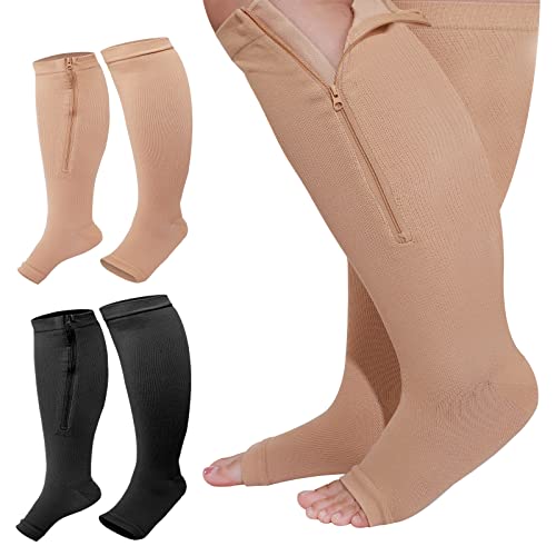Hillban 2 Pair Plus Size Calf Zipper Compression Socks 15 to 25 Mmhg Open Toe Compression Stockings for Overweight Women Men (Black, Nude, 4 XL)