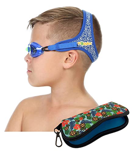 Frogglez Swim Goggles for Kids (Blue Frog) & Goggles Case Bundle - Premium Pain-Free Strap | Anti-Fog Tinted Lenses