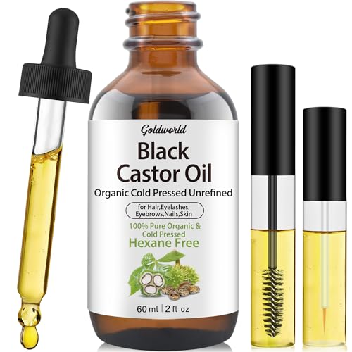 GoldWorld Jamaican 100% Organic Pure Black Castor Oil Cold Pressed,for Hair Eyebrows Eyelash Growth Serum to Grow Lashes,Castor Oil for Skin Body Face,Caster Oils Unrefined in Glass Bottle Hexane Free