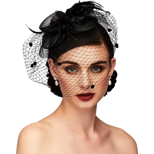 TS Fascinators Hat Tea Party Hat Mesh Floral Feather Hair Clip Girls and Women Fascinator Headband with Veil for Wedding Cocktail Black
