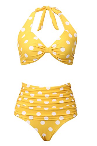 Retro High Waist Swimsuit for Women Halter 2 Piece Bathing Suit Ruffle Bikini Set Tummy Control Dots Push Up Knot Tankini Set Yellow