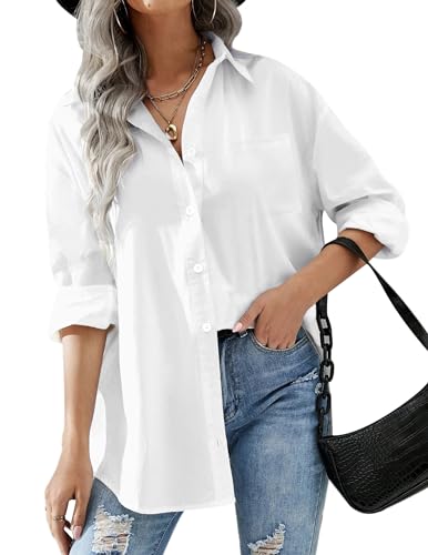 HOTOUCH Womens Button Down Casual Loose Fit Cotton Work Linen Blouse Shirt with Pocket White, X-Large, Long Sleeve