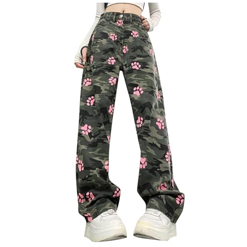 Generic Bootcut Yoga Pants for Women Womens Camo Denim Pants Cat Paw Print Elastic High Waisted Parachute Jean Pants Streetwear Relaxed Fit Trouser with Pockets L Camoflage