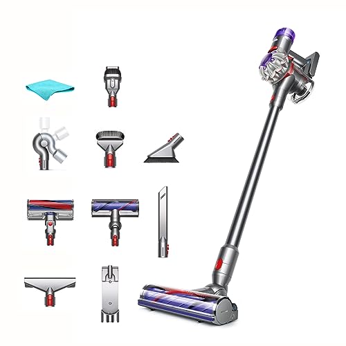Dyson V8 Absolute Cordless Vacuum | Silver, HEPA Filter, Rotating Brushes, Bagless, Battery Operated, Up to 40 Min Runtime, 2-Year Warranty, with 5AVE Microfiber Cloth
