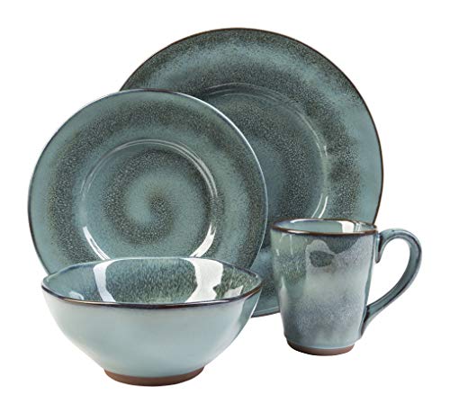 Sango Toren 16-Piece Stoneware Dinnerware Set with Round Plates, Bowls and Mugs, Denim Blue
