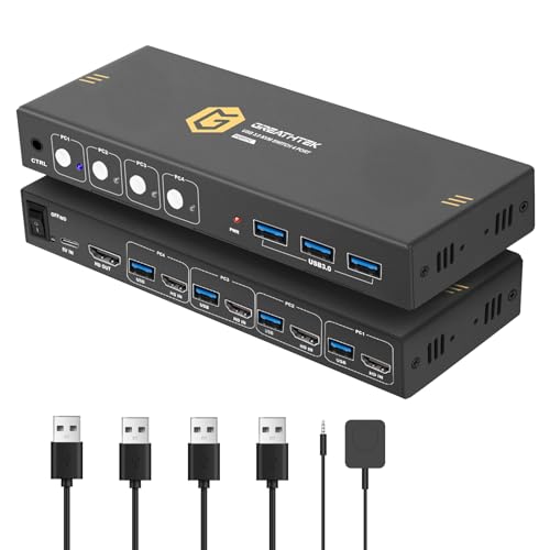 USB3.0 KVM Switch HDMI 4K@60Hz for 4 Computers Share 1 Monitor, KVM Switch 4 Port with 3 USB 3.0 Ports Share Keyboard Mouse, Support Button Switch&Wired Remote Control, Plug and Play