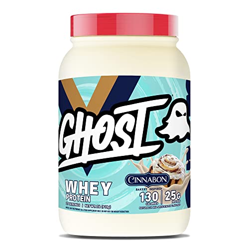 GHOST Whey Protein Powder, Cinnabon - 2LB Tub, 25G of Protein - Cinnamon Roll Flavored Isolate, Concentrate & Hydrolyzed Whey Protein Blend - Post Workout Shakes - Soy & Gluten Free