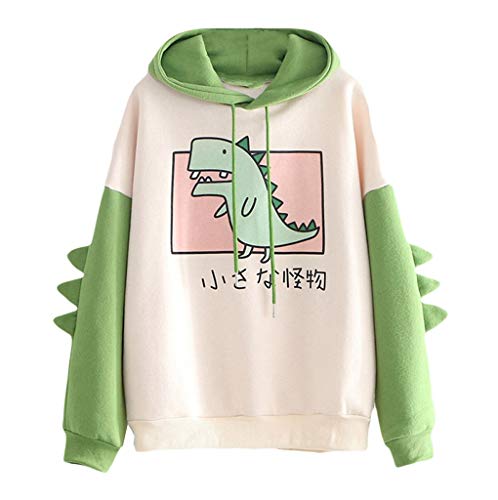 Meikosks Women's Dinosaur Sweatshirt Long Sleeve Splice Tops Cartoon Cute Hoodies Teens Girls Casual Pullover (Green, Large, l)