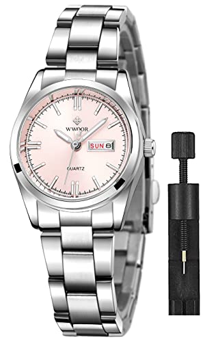 Gosasa Women's Silver Stainless Steel Band Wrist Watches Fashion Quartz Analog Watch Small Face Ladies Dress Watch (Pink)