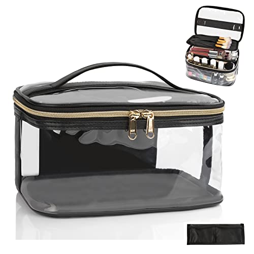 OCHEAL Makeup Bag, Clear Makeup Organizer Bag Portable Cosmetic Bag, Cute Transparent Makeup Case For Women and Girls traveling Storage with zipper Divider Brush Compartment-Black