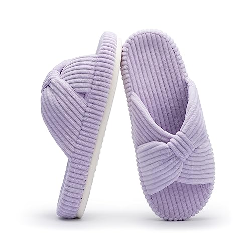 Chantomoo Slippers for Women Memory Foam House Bedroom Corduroy Bow Crossbands Slide Slipper Shoes Comfy Trendy Gift Slippers Light Purple Size7 8 6.5