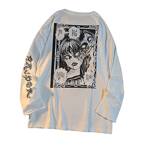 Gothic Cartoon Horror Graphic T-Shirt Women Character Print Loose Punk Japanese Pullover Top Harajuku Street Tees (White, M)