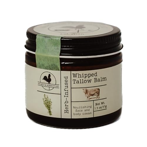 Hearth and Homestead: Handmade Whipped Tallow Balm (Unscented/Herb-Infused) - Organic Body Butter with Infused Olive Oil, for Eczema, Rosacea, Baby - 1.3 oz