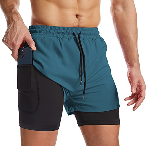 Surenow Mens 2 in 1 Running Shorts Quick Dry Athletic Shorts with Liner, Workout Shorts with Zip Pockets and Towel Loop (Peacock Blue, Medium)