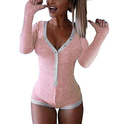 Roselux Women's Sexy Deep V Neck Shorts Long Sleeve Knitted One Piece Bodysuit Bodycon Rompers Overall (598#Pink-2,M)