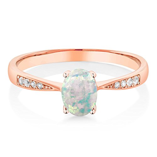 Gem Stone King 10K Rose Gold White Opal and White Diamond Engagement Ring For Women (0.69 Cttw, Gemstone October Birthstone, Oval Cabochon 7X5MM, Available In Size 5, 6, 7, 8, 9)