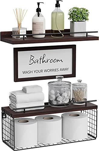 WOPITUES Floating Shelves with Bathroom Wall Décor Sign,Wood Floating Bathroom Shelves Over Toilet with Toilet Paper Storage Basket Set of 3, Floating Shelf with Guardrail for Wall Décor–Rustic Brown