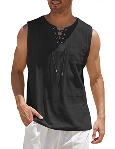COOFANDY Mens Cotton Linen Tank Top Shirt Casual Lace Up Beach Hippie Yoga Tops Bohemian Medieval Renaissance Pirate Tunic, Black, Medium, Sleeveless
