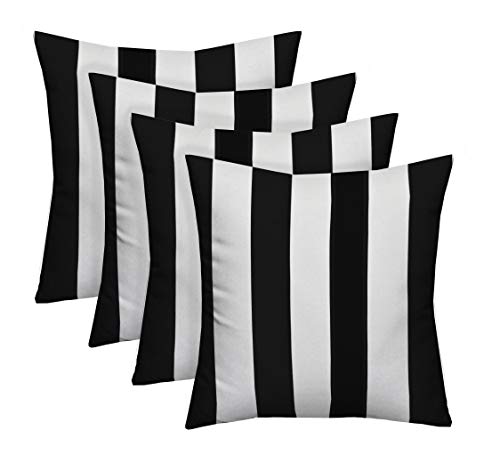 RSH DECOR: Square Throw Pillows Set of 4 | 17” x 17” | All-Weather Spun Fabric | Water and Fade-Resistant | Outdoor Accent Pillows for Patio Furniture | Black & White Stripe