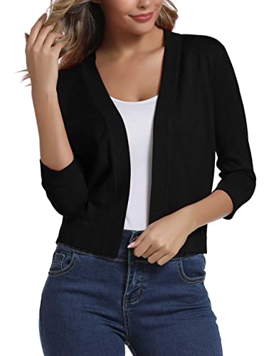 Urban CoCo Women's 3/4 Sleeve Cropped Cardigan Sweater Elegant Shrugs for Women (L, Black)